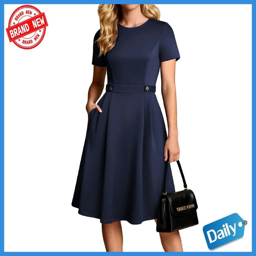 Short Sleeve A-Line Work Dress with Pockets, Polyester Elastane Blend
